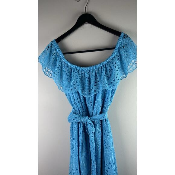 Lilly Pulitzer Geri Off The Shoulder Sea breeze Blue Midi Eyelet Dress XL $348 - Picture 3 of 9